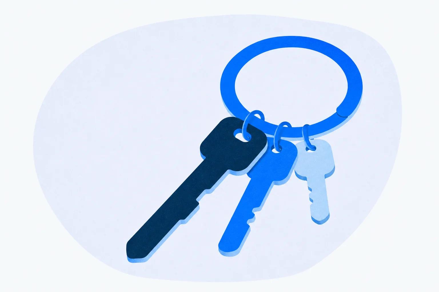 A keyring holding three keys of different lengths, standing for the access and upkeep one administrator carries