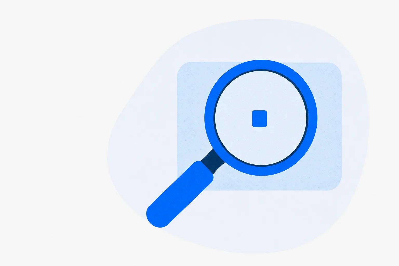A magnifying lens enlarging one small square on a blank panel, standing for questions that expose a weak demo