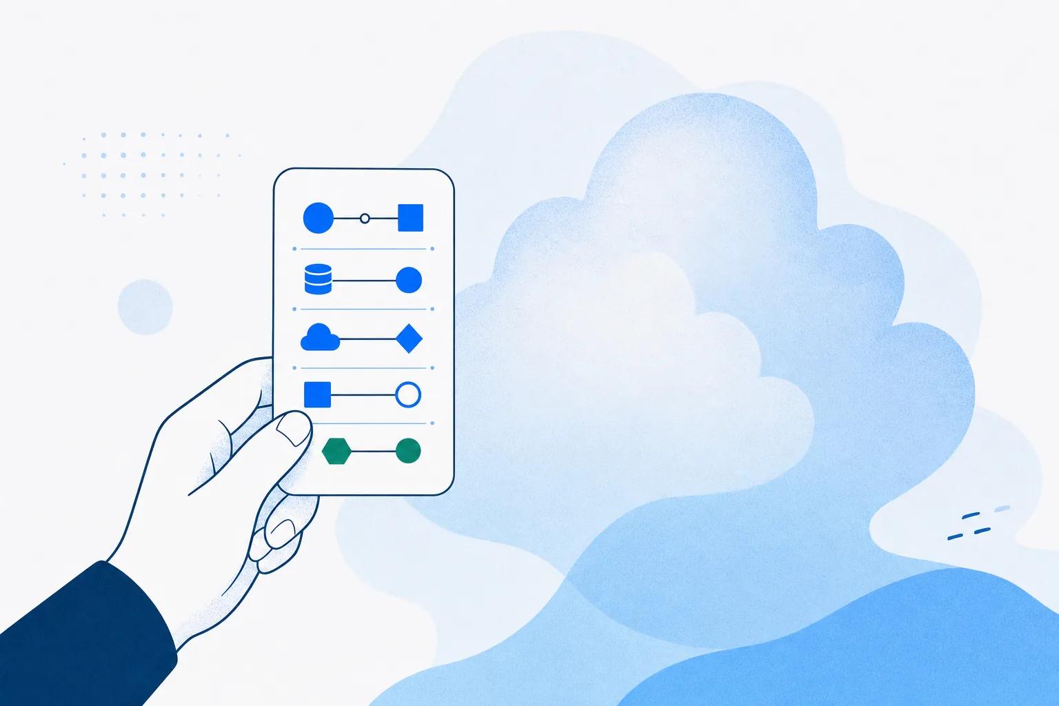 A precise card listing connector shapes held up in front of a large vague cloud form