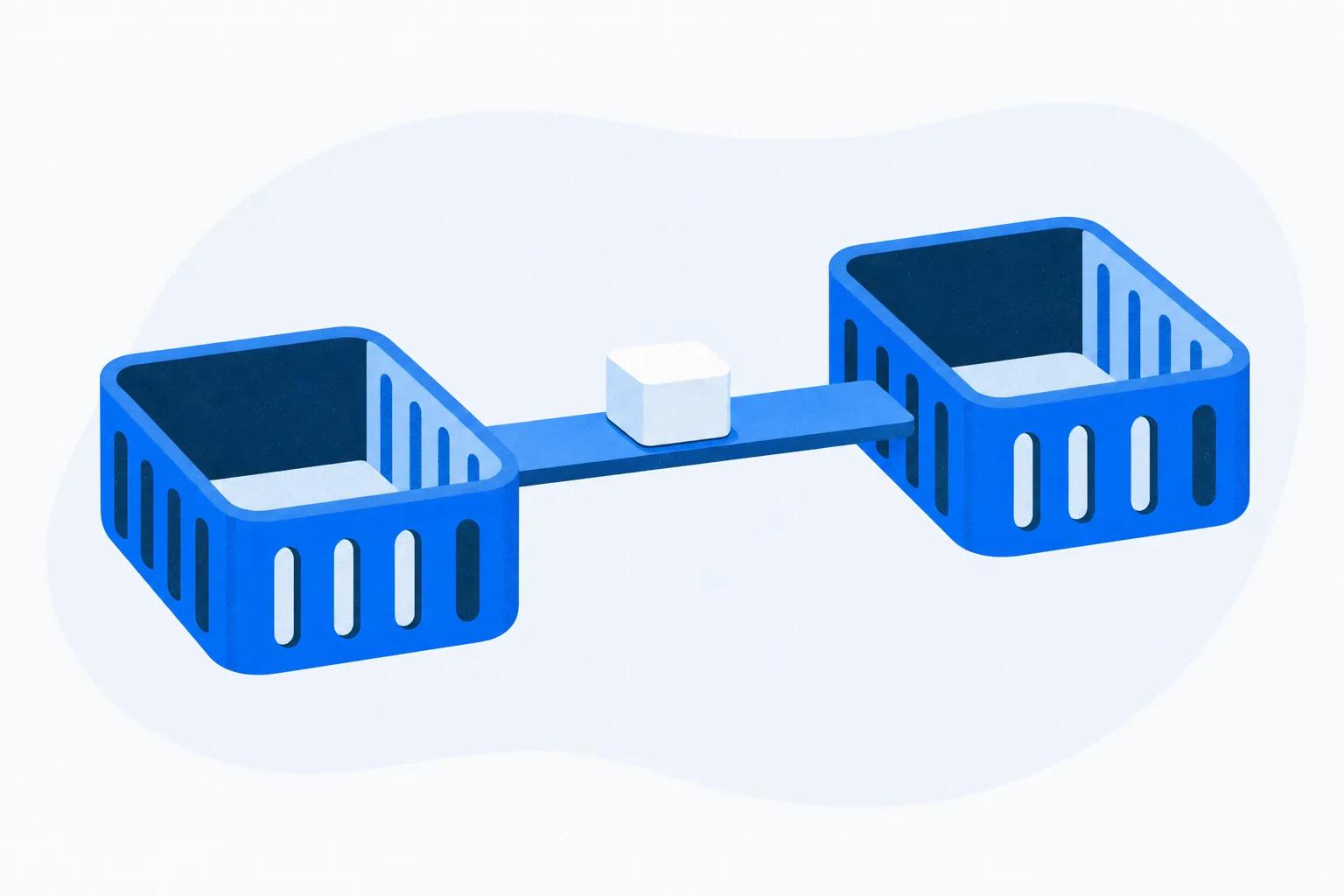 Two crates joined by a bridge with one block midway across, standing for records moved without losing any