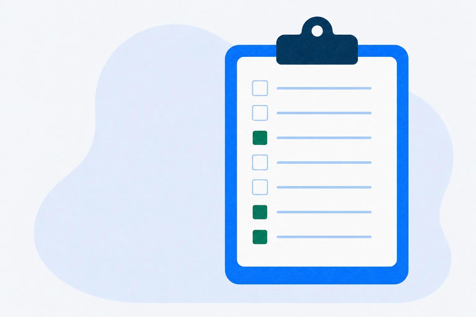 A clipboard with eight rows and three marked, standing for the requirements settled before talking to vendors