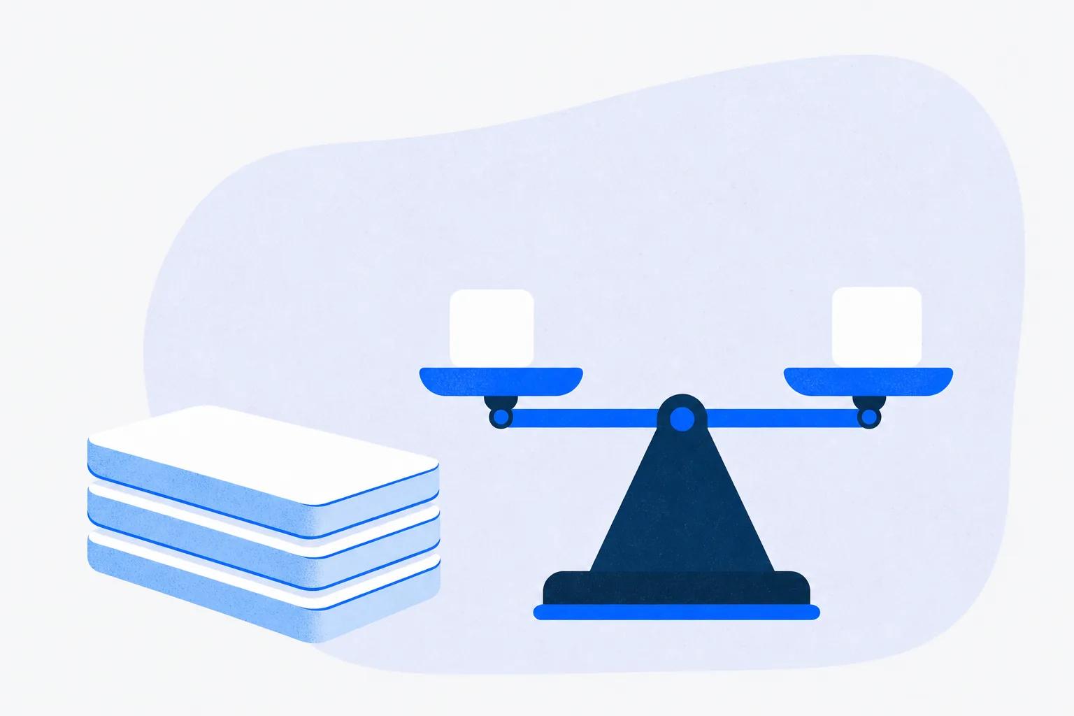 A stack of blank sheets beside a level balance, standing for an RFP that makes vendor answers comparable