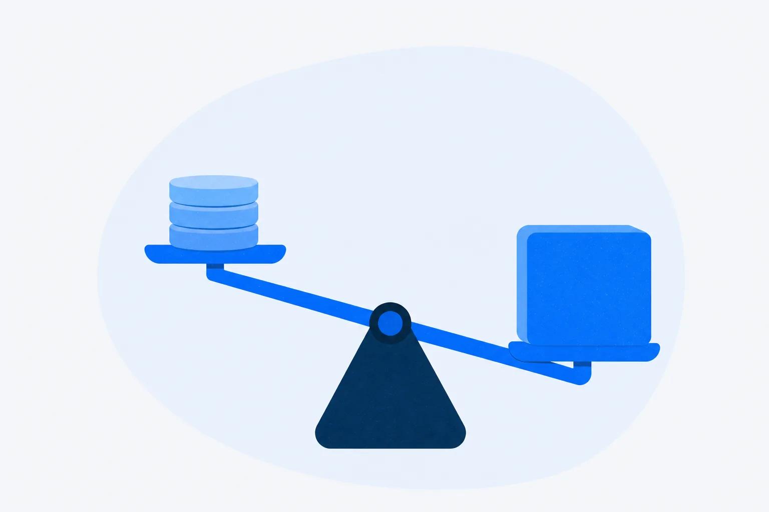 A balance weighing a stack of discs against one larger block, standing for cost set against what you get back