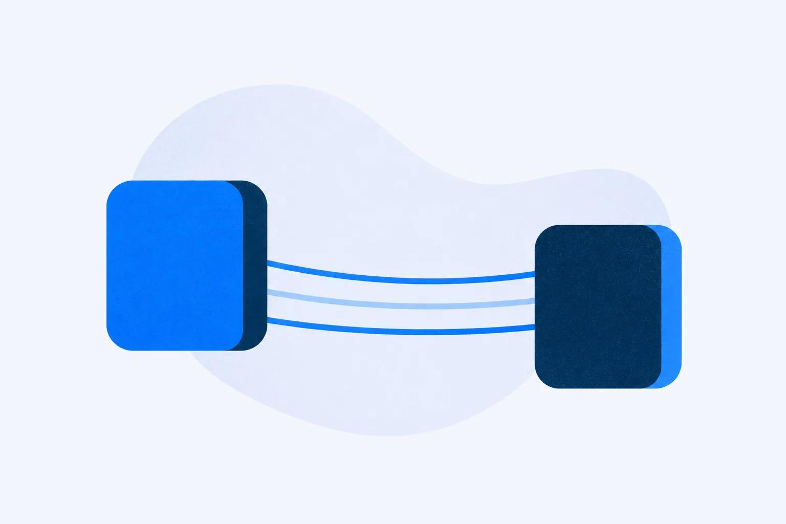 Two blocks joined by three curved lines, standing for the three data flows between a CRM and an LMS