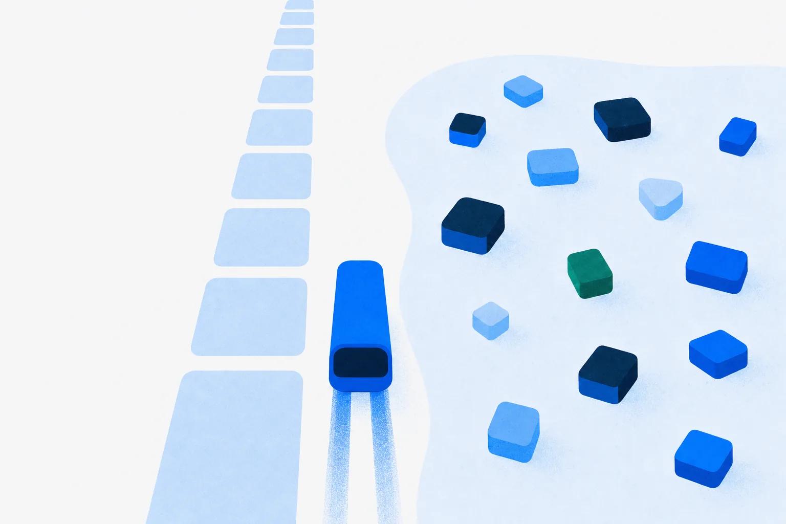 A straight track of blocks beside a loose scatter of blocks, standing for assigned training versus self-directed learning
