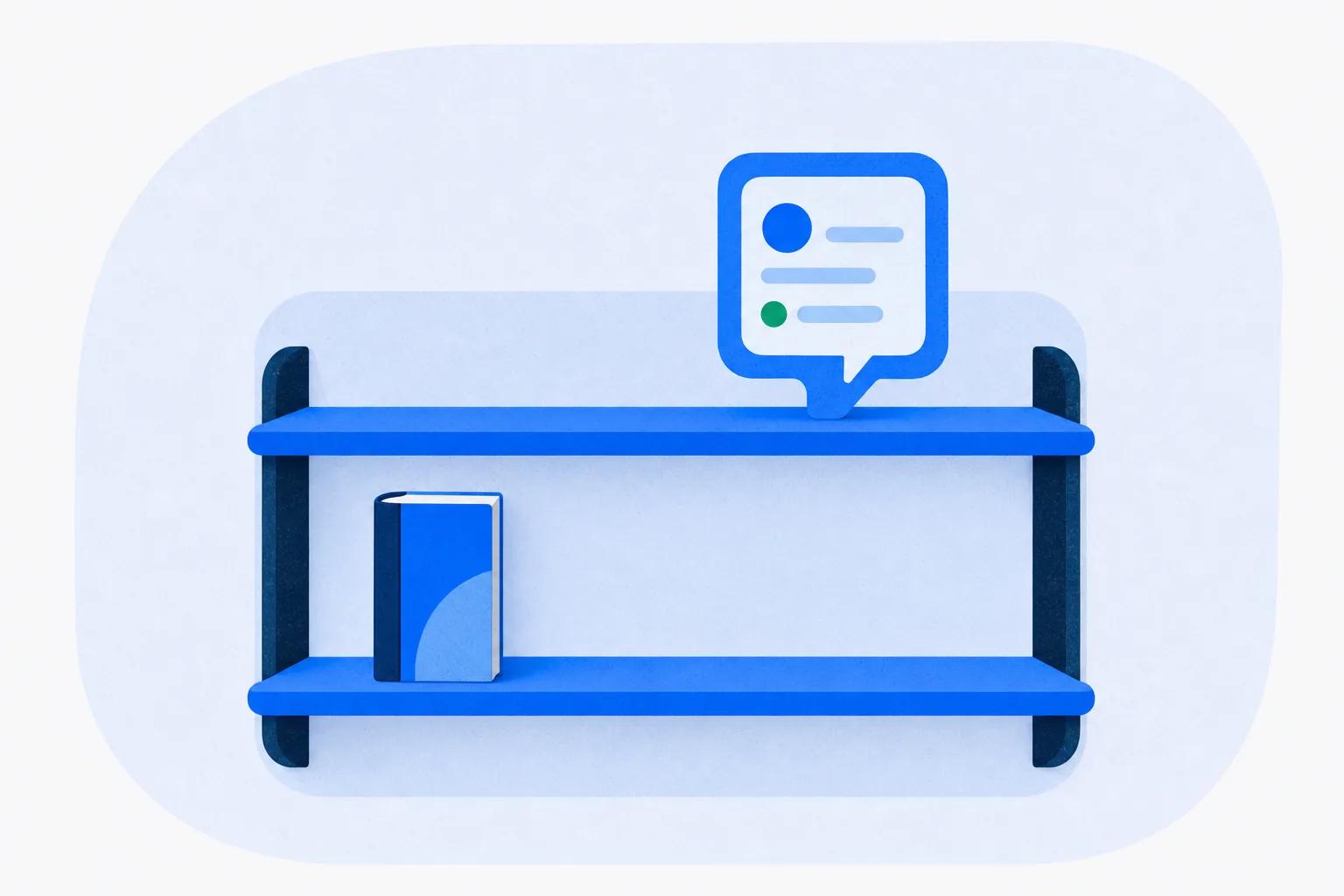 A two-shelf unit holding a speech-bubble card above and a closed book below, standing for two kinds of alternative