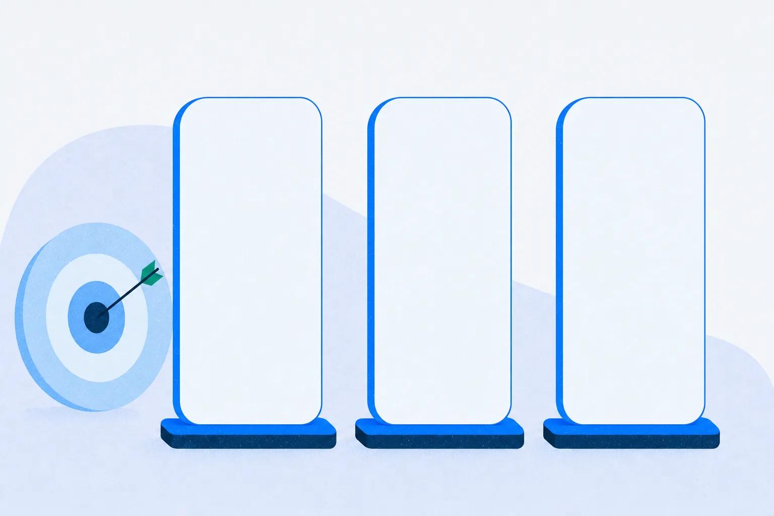 Three identical panels on separate bases, standing for audiences kept fully apart inside one platform