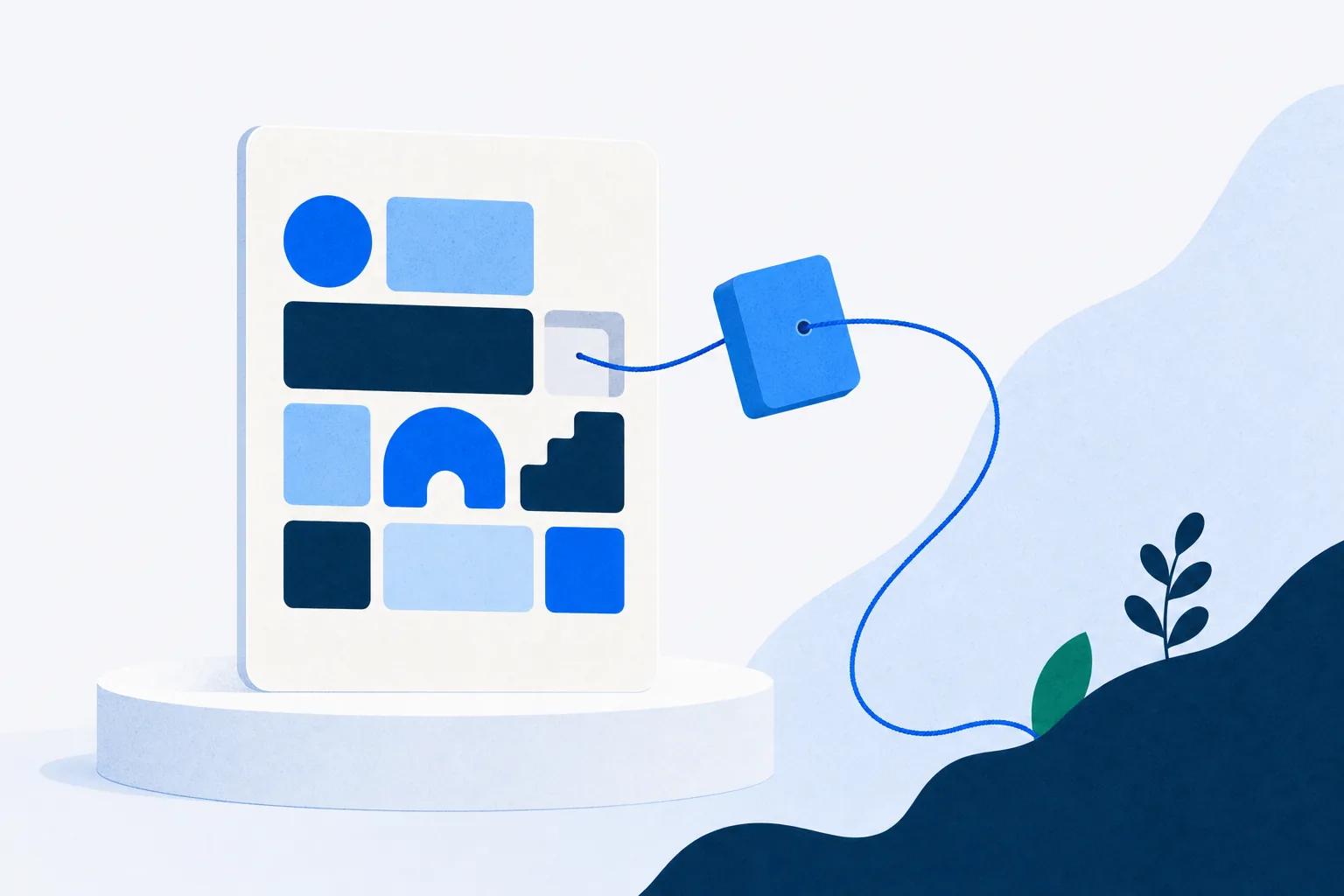 A blue thread reaching back into a published course card to lift out and reshape one block