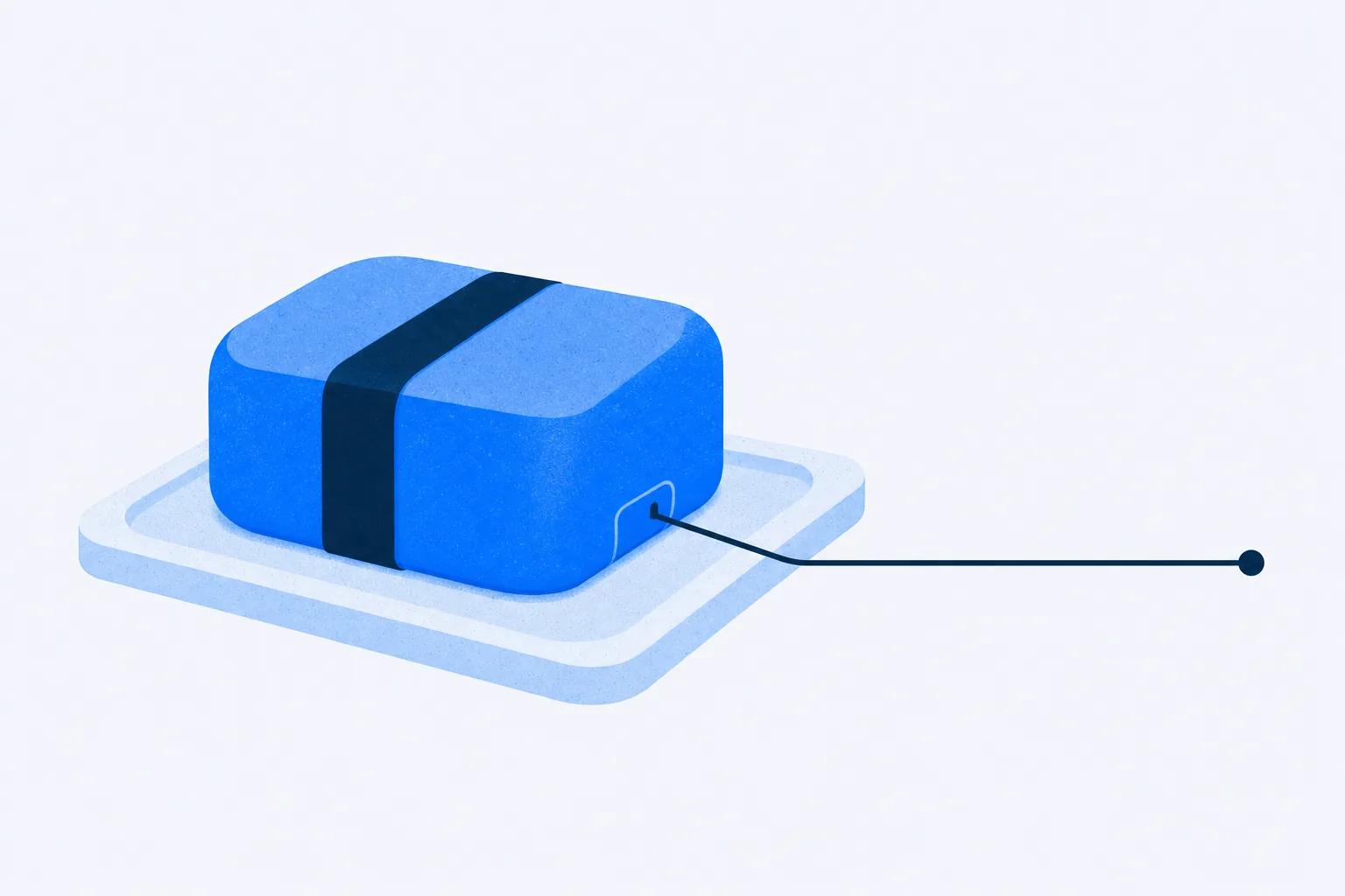 A sealed package on a tray with one line ending in a dot, standing for a SCORM course that reports back