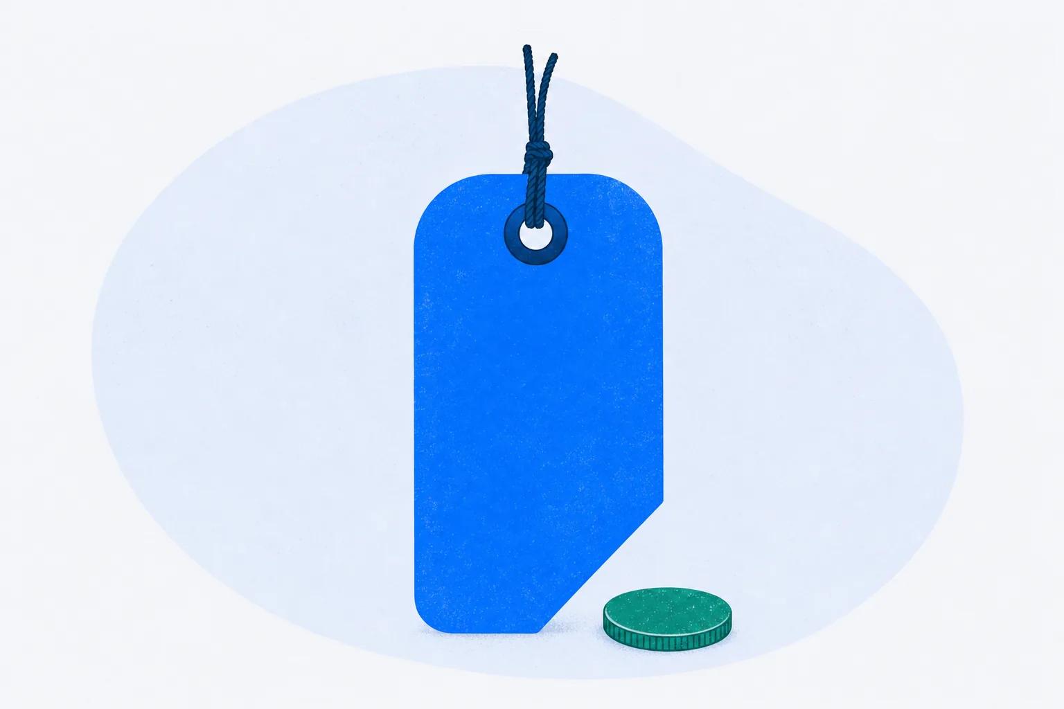 A price tag with a wedge cut from its corner and a coin lying beneath it, standing for the costs under a subscription