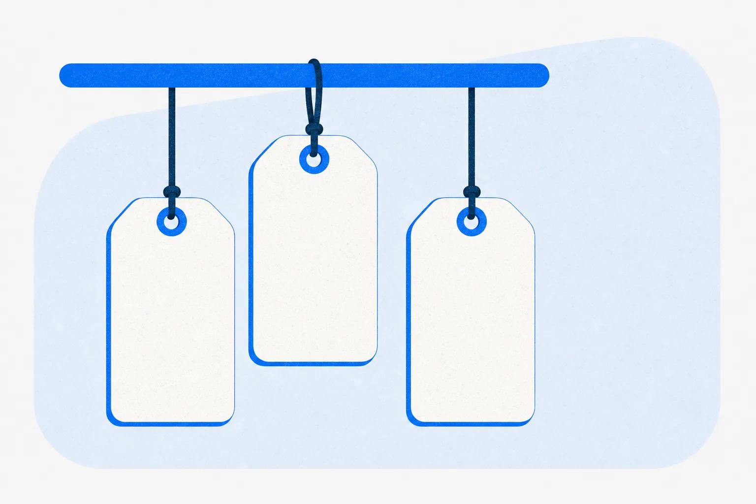 Three blank price tags hanging from one rail with the middle one lifted, standing for tiers with no published figure
