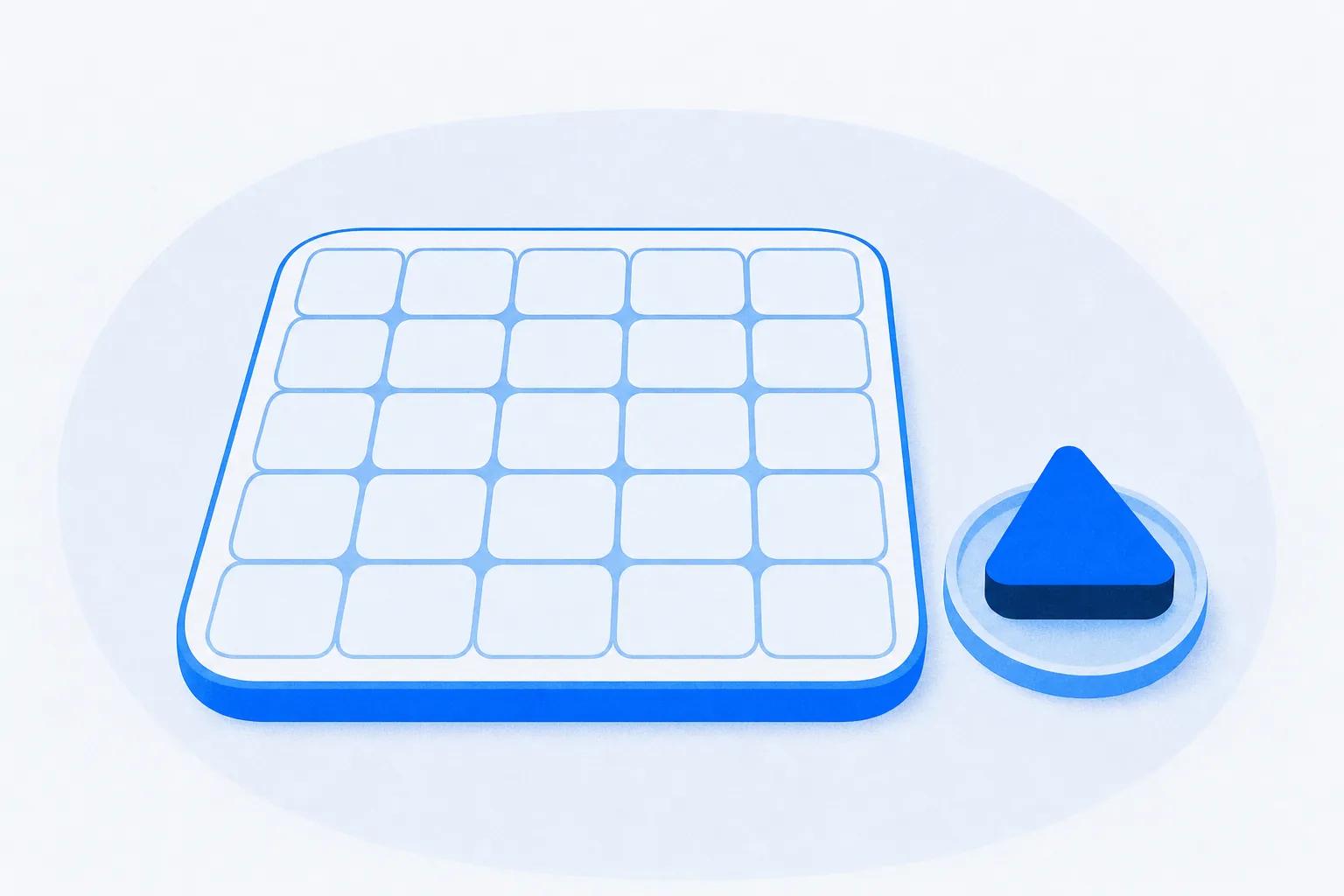 An empty grid board beside one solid triangle, standing for scheduling training versus delivering it