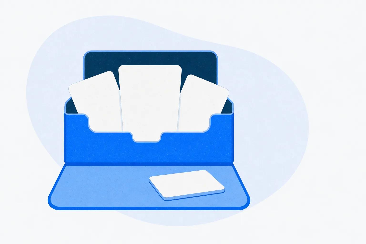 An opened archive box with three cards fanned out and one on the lid, standing for what a SCORM package holds