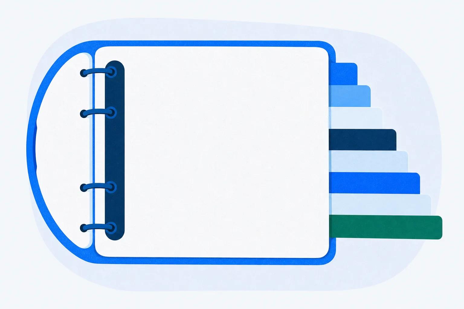 An open binder with eight tabs fanned along its edge, standing for the questions an LMS decision breaks into