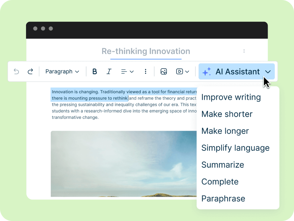 Interfaz del editor de texto con perfeccionamiento de IA dentro del editor.