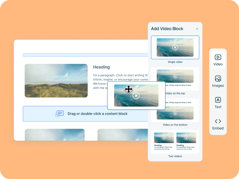 Una persona colaborando con la IA para crear un curso usando un editor de arrastrar y soltar.