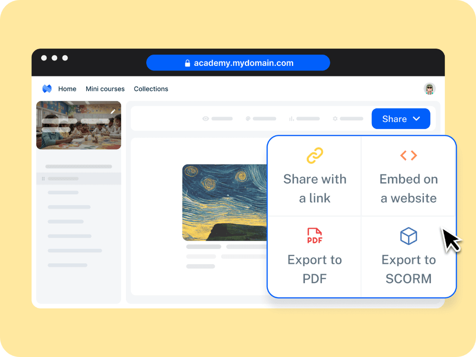 Múltiples opciones para compartir cursos: enlace, incrustación, SCORM y PDF.