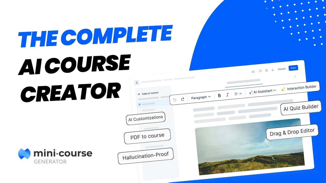 El creador de cursos con IA completo: vídeo de demostración del producto Mini Course Generator.