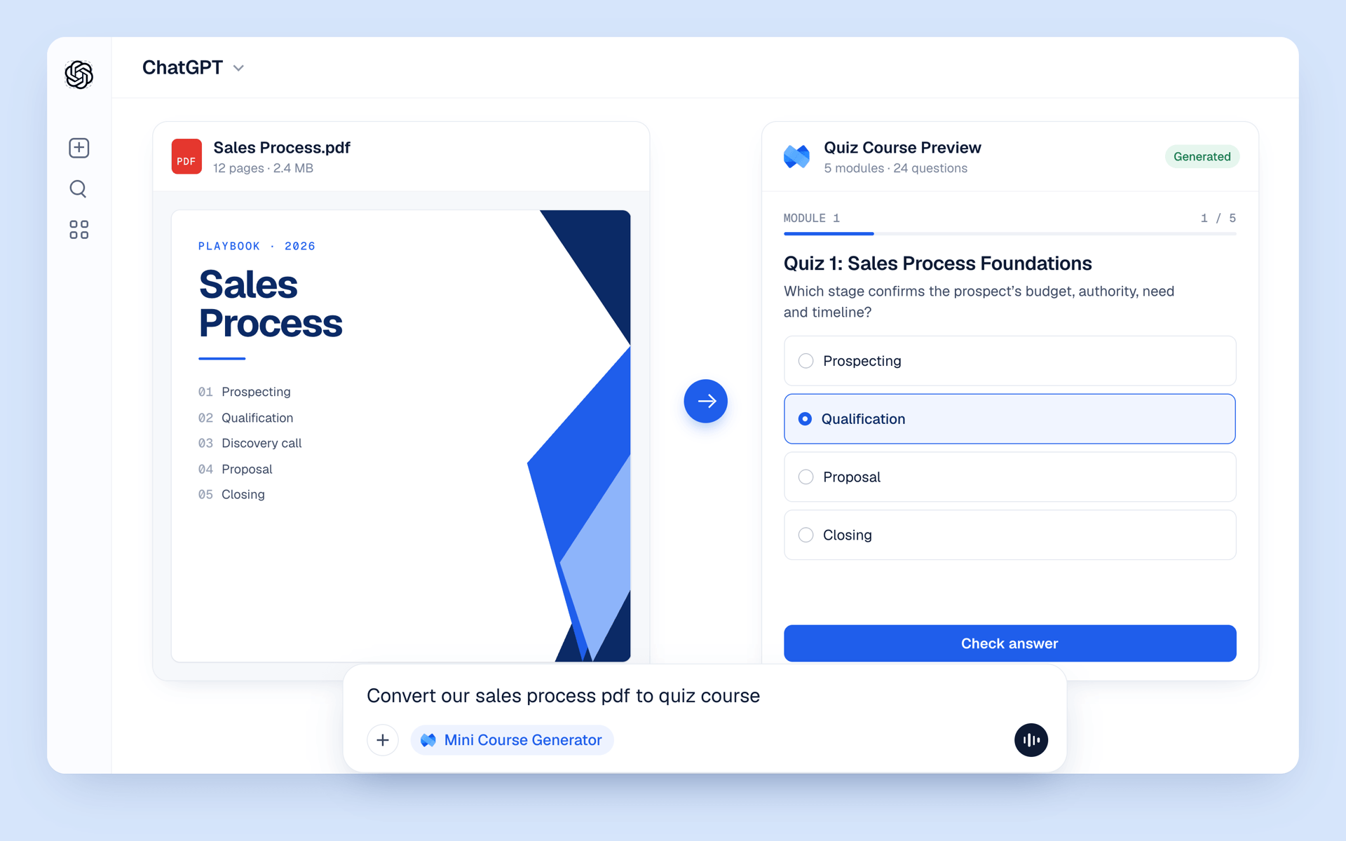 ChatGPT turning a sales process PDF into a quiz course with the Mini Course Generator plugin