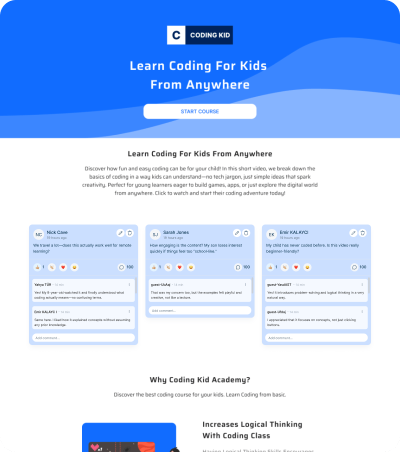 Ejemplo de página de aterrizaje del curso Learn Coding for Kids