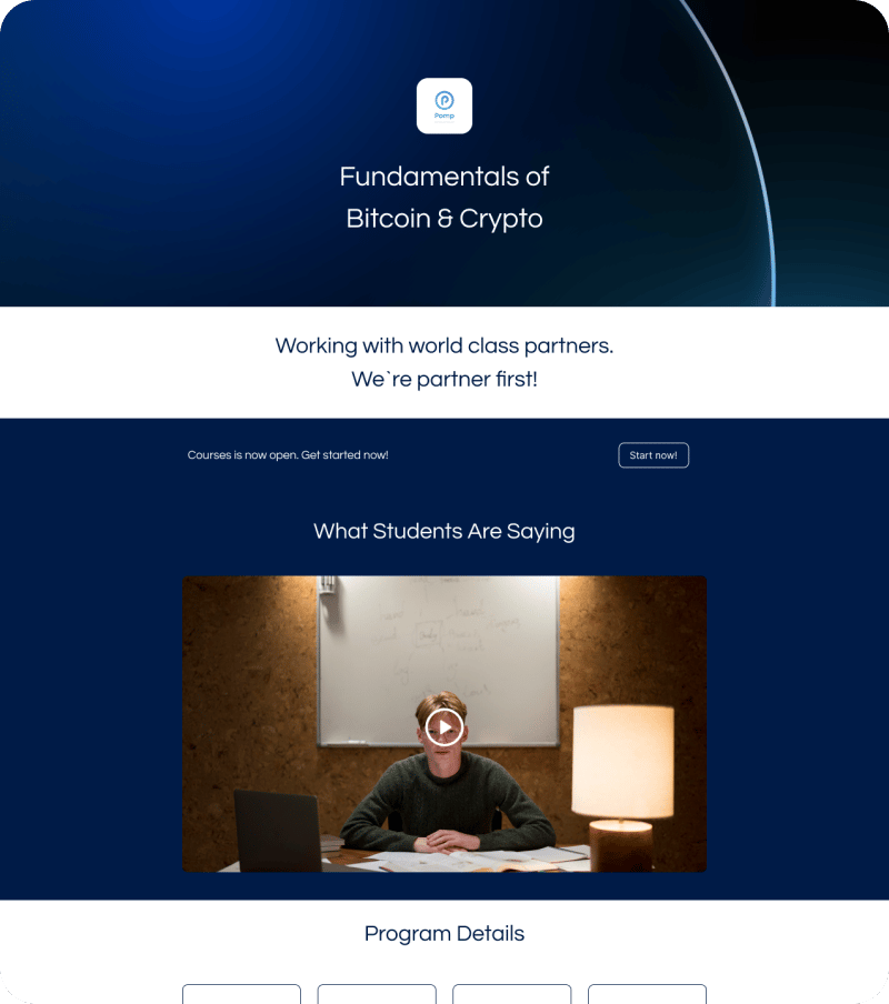 Ejemplo de página de aterrizaje del curso Fundamentals of Bitcoin & Crypto