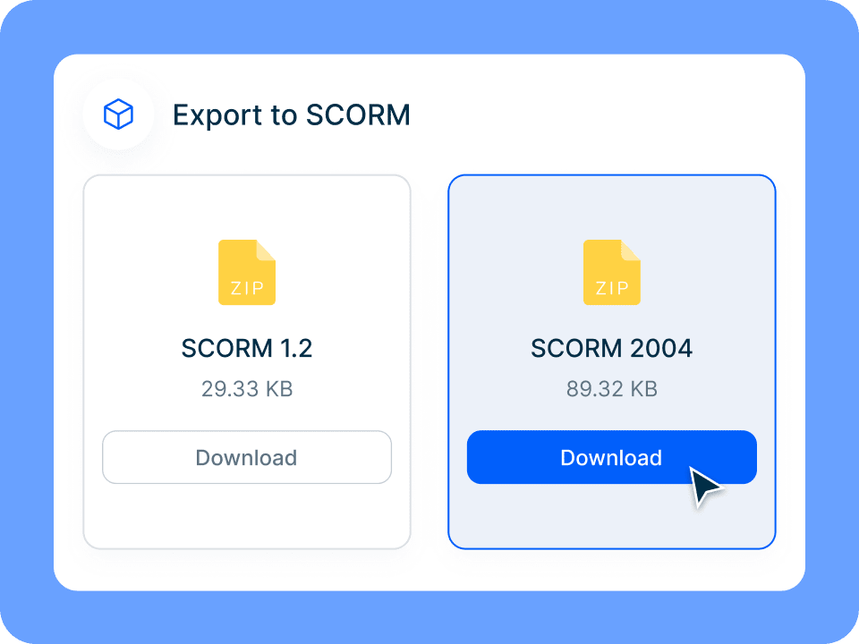 Exporta fácilmente tu minicurso a un archivo SCORM para una amplia compatibilidad con LMS.