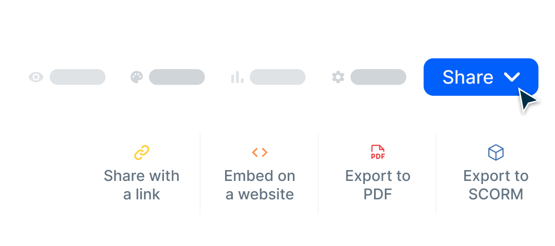 Menú de compartir de Mini Course Generator con opciones para compartir mediante enlace, incrustar en un sitio web, exportar a PDF o exportar a SCORM.
