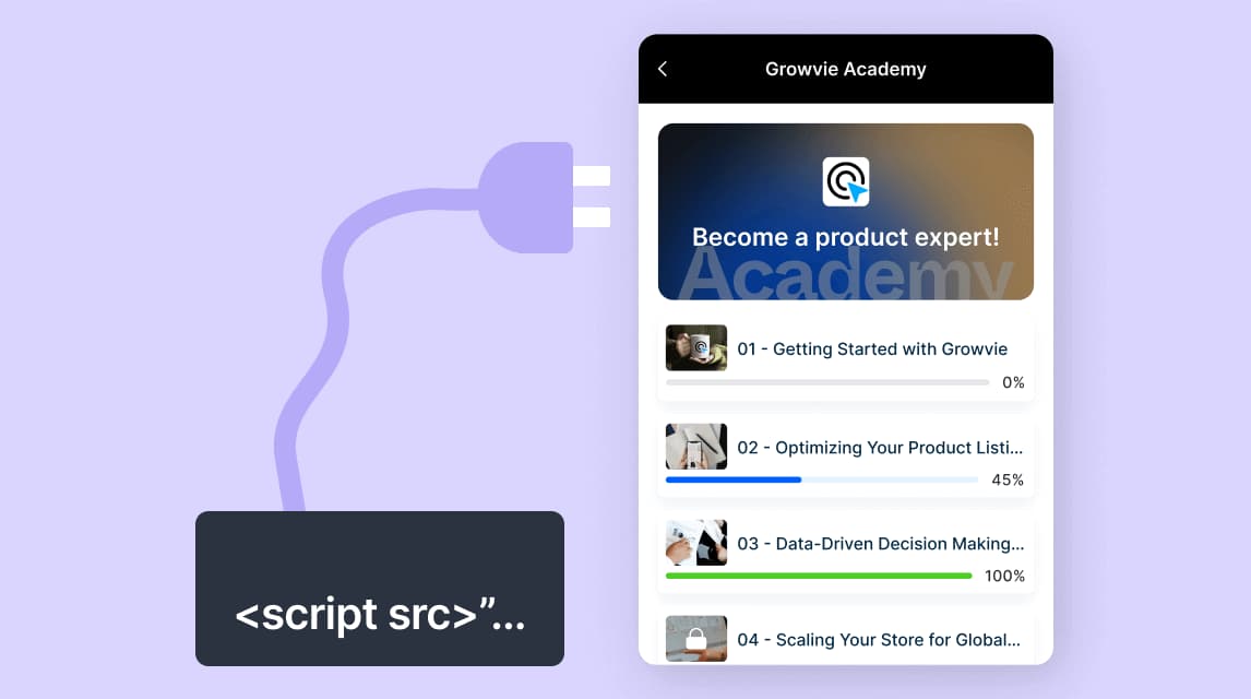 Code snippet example showing how to embed the headless LMS widget script.