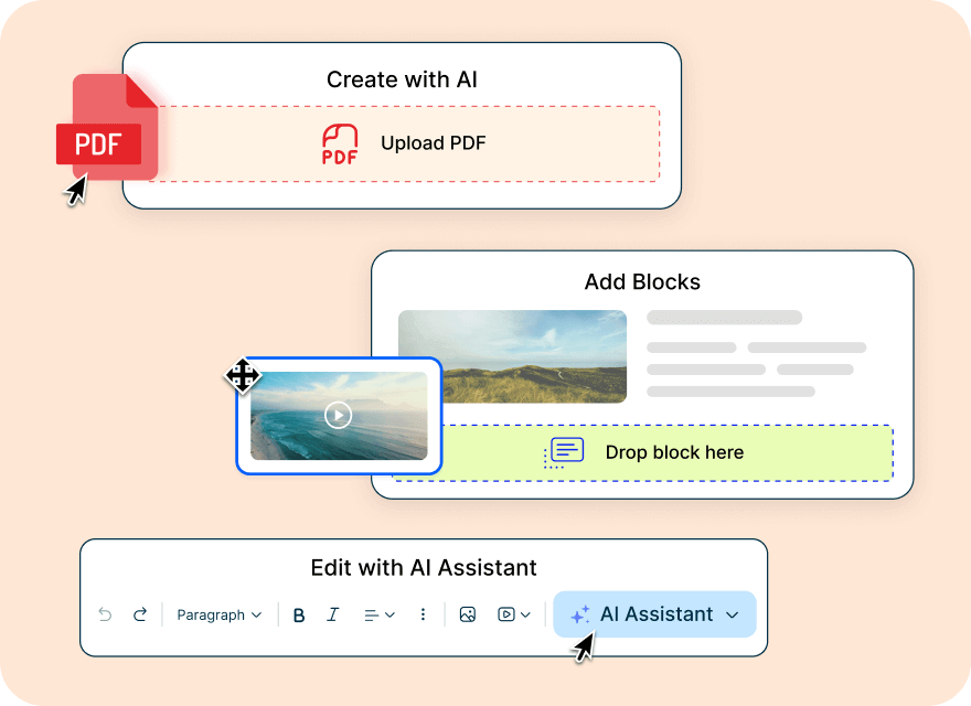 Interfaz del creador de cursos con IA de Mini Course Generator que muestra funciones de arrastrar y soltar.