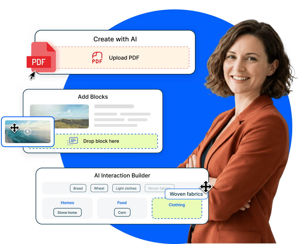 Smiling female executive in an orange blazer with arms crossed, standing in front of a blue graphic background with AI interface elements like PDF upload, add-blocks area, and interaction builder boxes.