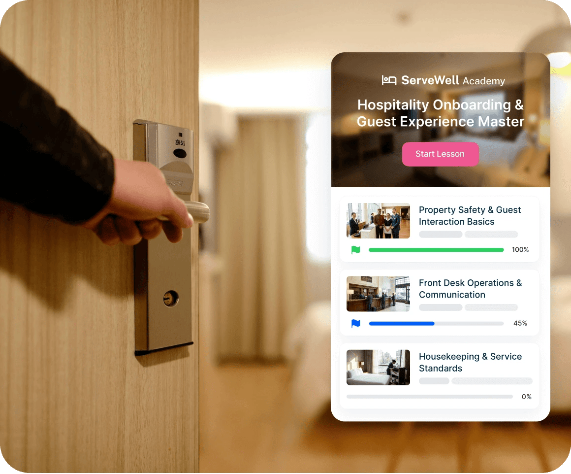 Empleado de hotel abriendo la puerta de una habitación durante la formación en servicio de hostelería