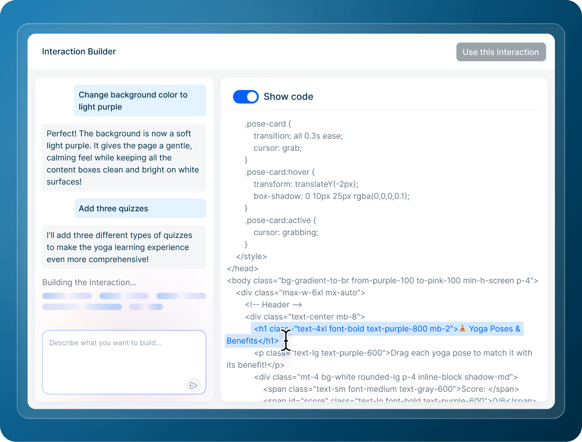 Personalizando y finalizando un elemento interactivo con el editor de chat de IA.