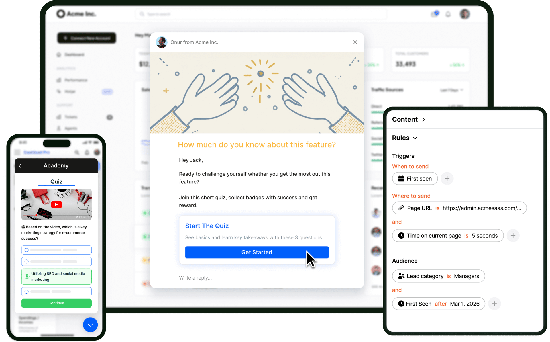 Interfaz de la app de Intercom mostrando la entrega de cuestionarios interactivos y minicursos en escritorio, móvil y un panel de configuración de administración con contenido, reglas y segmentación de audiencia.