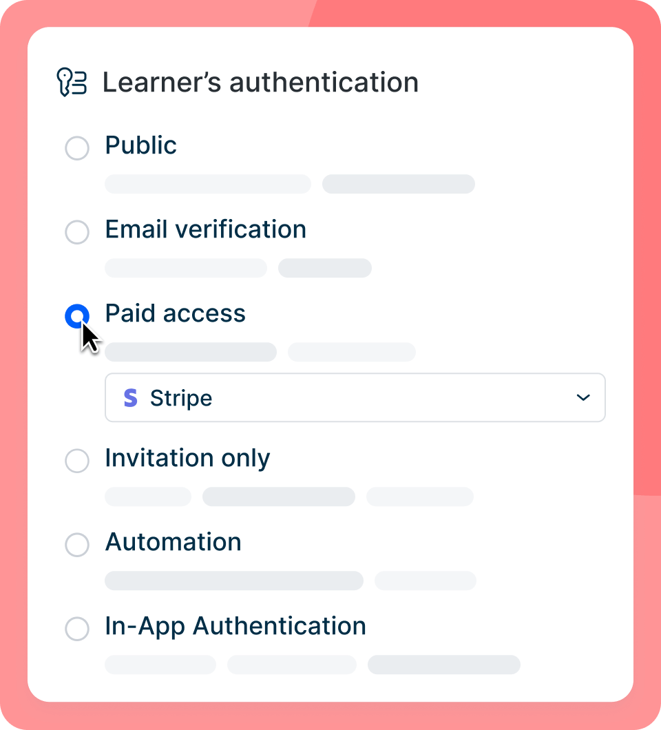 Learner's authentication panel with public, email verification, paid access, invitation only, automation, and in-app authentication options.