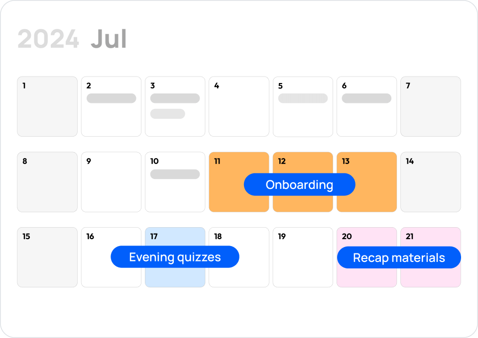 Un calendario que ilustra minicursos distribuidos como microaprendizaje programado.