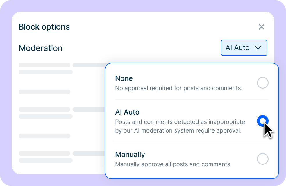 Menú de configuración que muestra las opciones Sin moderación, Moderación con IA y Moderación manual.