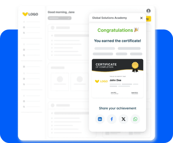 LMS headless que ofrece formación in-app dentro de un producto, con un curso integrado y un certificado de finalización.