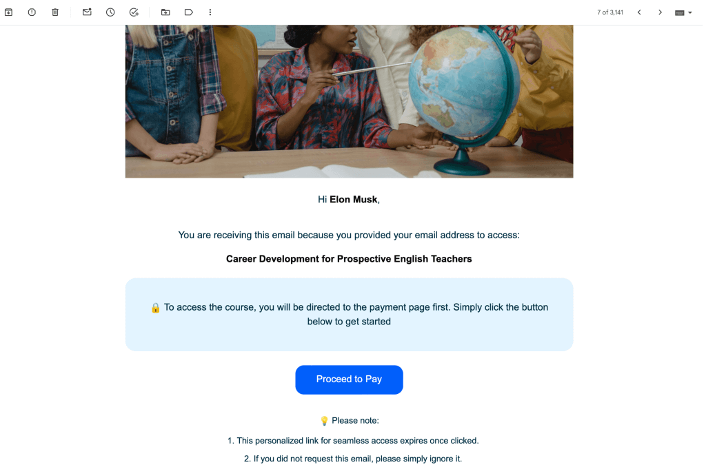 Payment link email received by the learner. The button in the email states "Proceed to Pay".
