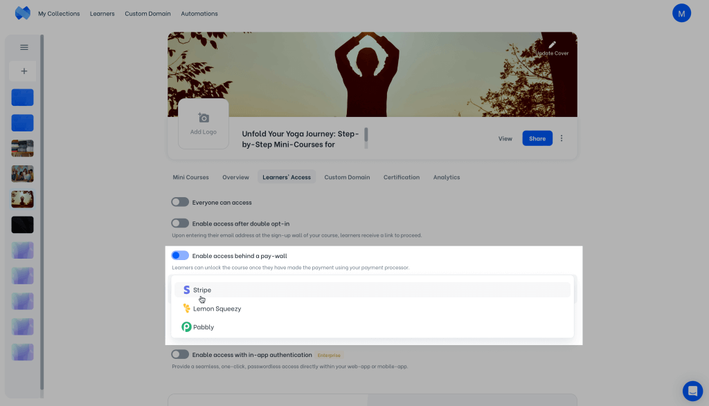 Learners' Access settings in Mini Course Generator admin dashboard. Payment service provider options Stripe, Lemon Squeezy and Pabbly are highlighted.