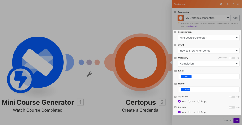 Automation settings to choose to issue certificates via Certopus when a mini course is completed.