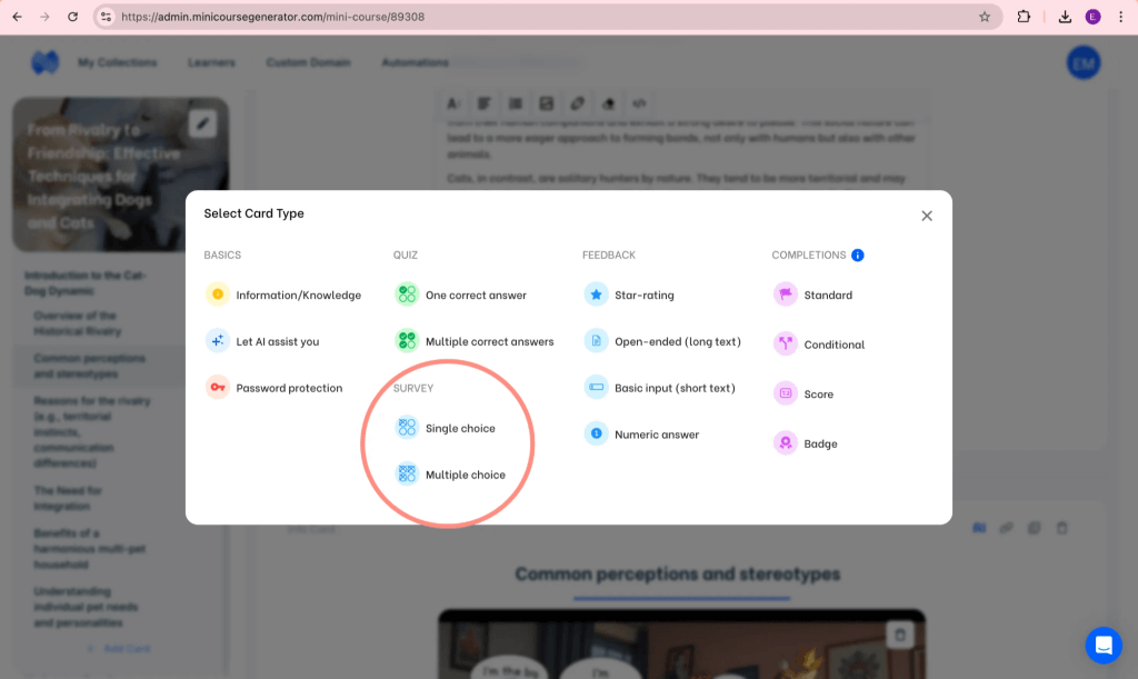 Survey card types of Mini Course Generator. Single choice and multiple choice question cards without a correct answer.