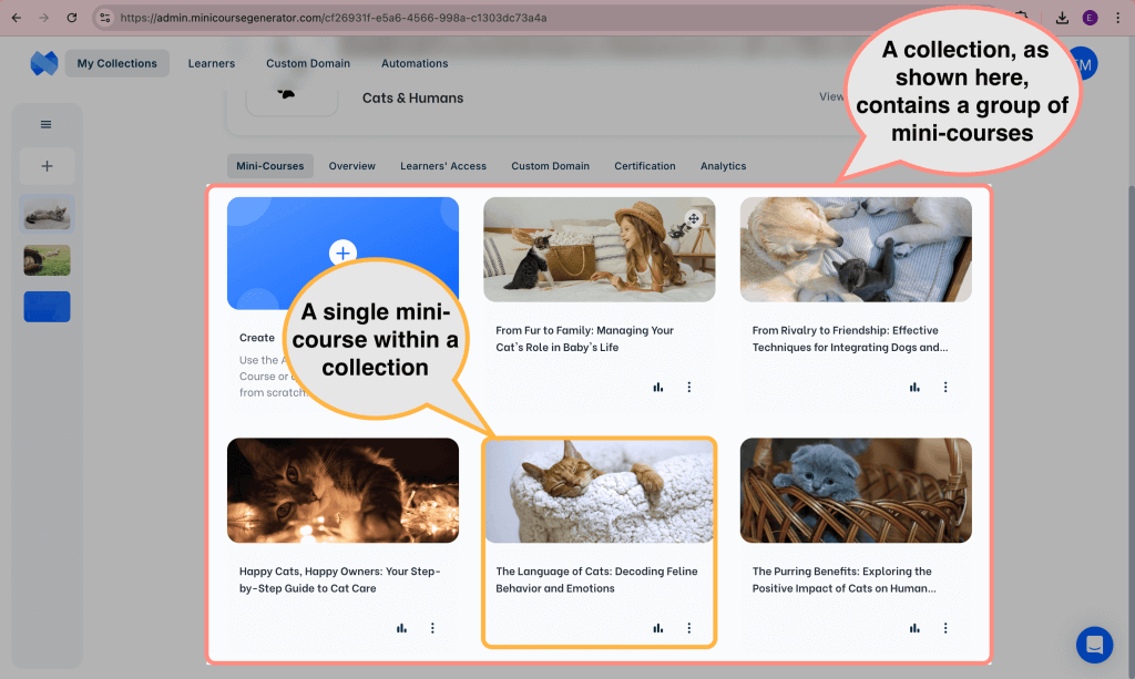 Two different speech bubbles aim at two different elements in the admin dashboard of Mini Coures Generator. One is pointing at a mini-course and stating a single mini-course within a collection, the other is pointing at a collection containing a group of mini courses.