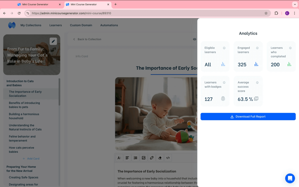 Analytics tab of a mini course showing learner assessment metrics.