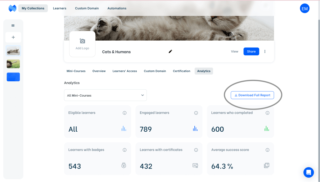 Download full report button which allows to download the education analytics on the collection level.