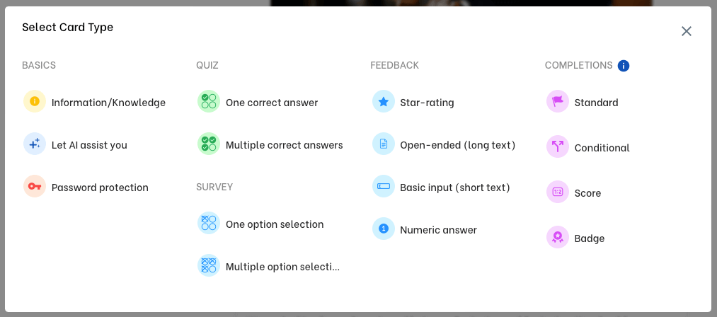 Card types available in Mini Course Generator course authoring tool.