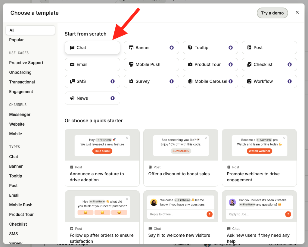 Choose a message template in Intercom to start from scratch or quickly launch chats, banners, posts, and workflows.