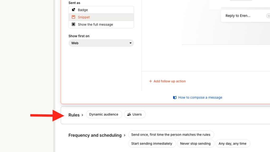Define audience rules in Intercom by setting dynamic conditions to control who receives each message.