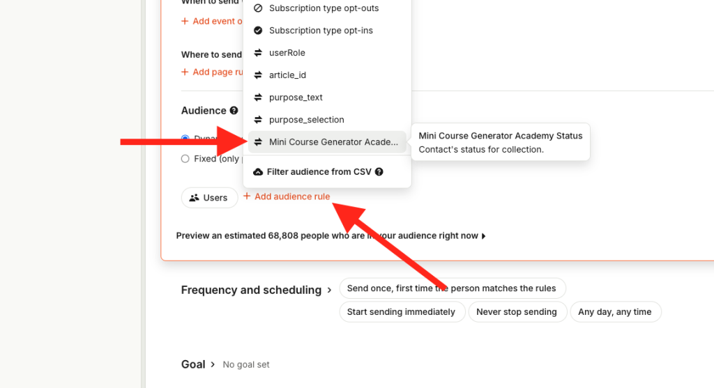 Target Intercom messages using Mini Course Generator attributes by adding dynamic audience rules.