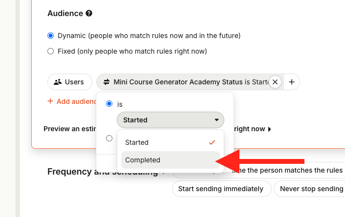 Segment Intercom audiences by course progress, targeting users who have started or completed a Mini Course Generator academy.