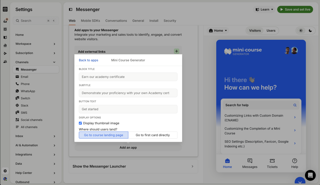 Choose where users land after clicking a course block in Intercom, either the course landing page or the first lesson.